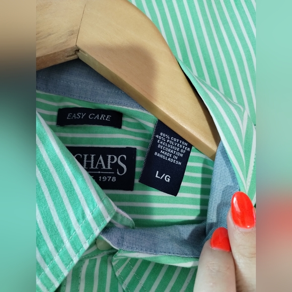 Chaps casual button down collar shirt with green and white stripes, easy care - Picture 6 of 7